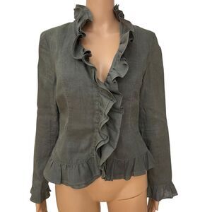 Willi Smith 100% linen olive green ruffle hem jacket size 6